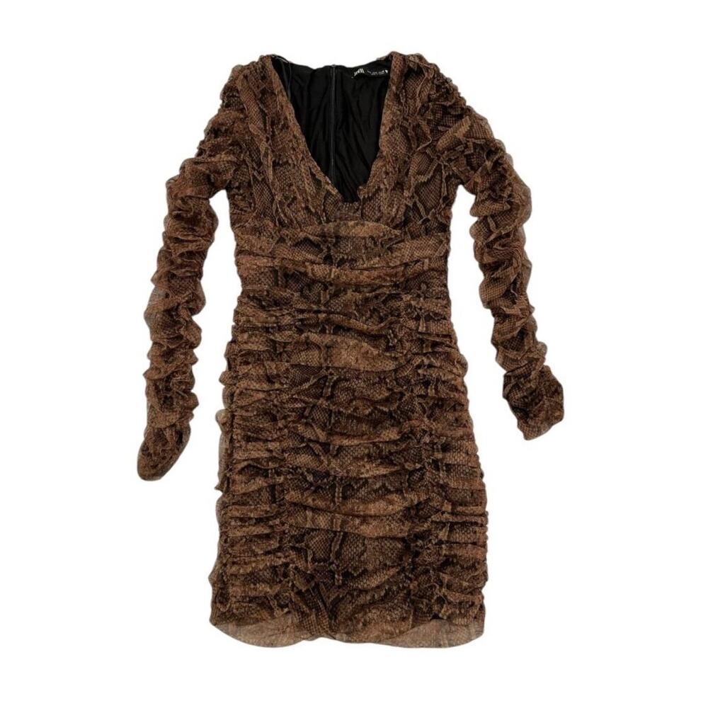 Zara Brown Snake Print Ruched Mesh Mini Dress Long Sleeve Bodycon Euro Siren S - Picture 13 of 14